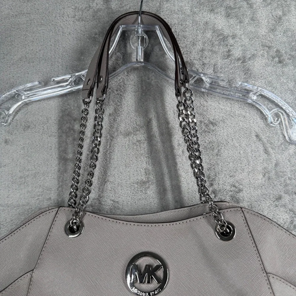 Michael Kors Jet Set Medium Chain Shoulder Tote Bag Gray Silver Metallic Classic